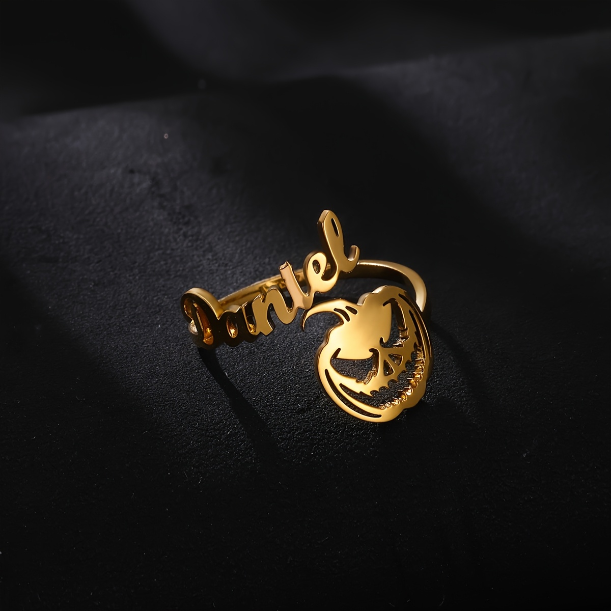 Personalized Stainless Steel Halloween Angry Pumpkin Name Open Ring